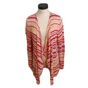 Chico's Cardigan Sweater Rayon Open Front Pink Stripe Tassels Size 2/L